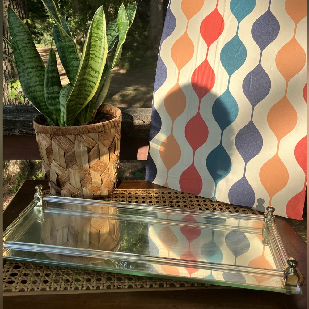 Vintage Rectangular Glass Mirror Vanity Tray with Brass Accents